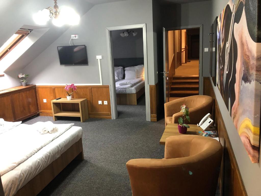 尼赖吉哈佐Svájci Lak Panzió的一间酒店客房,配有一张床和一台电视