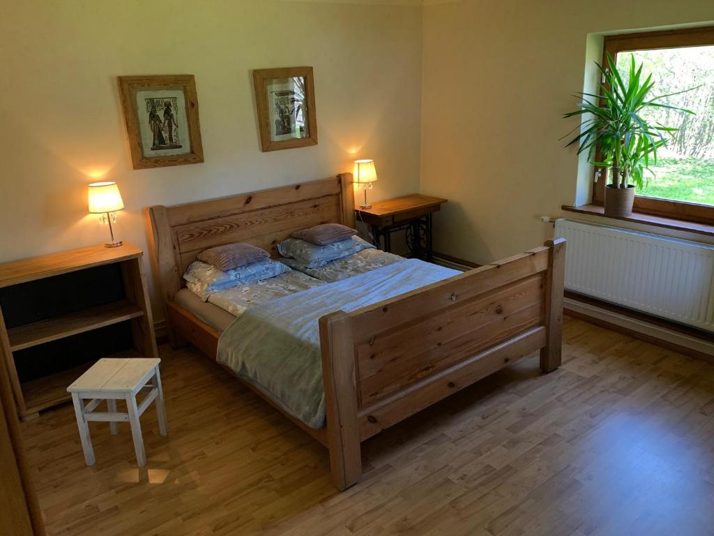 斯米尔泰内Māja laukos - BISES的一间卧室配有一张带两个枕头的大木床