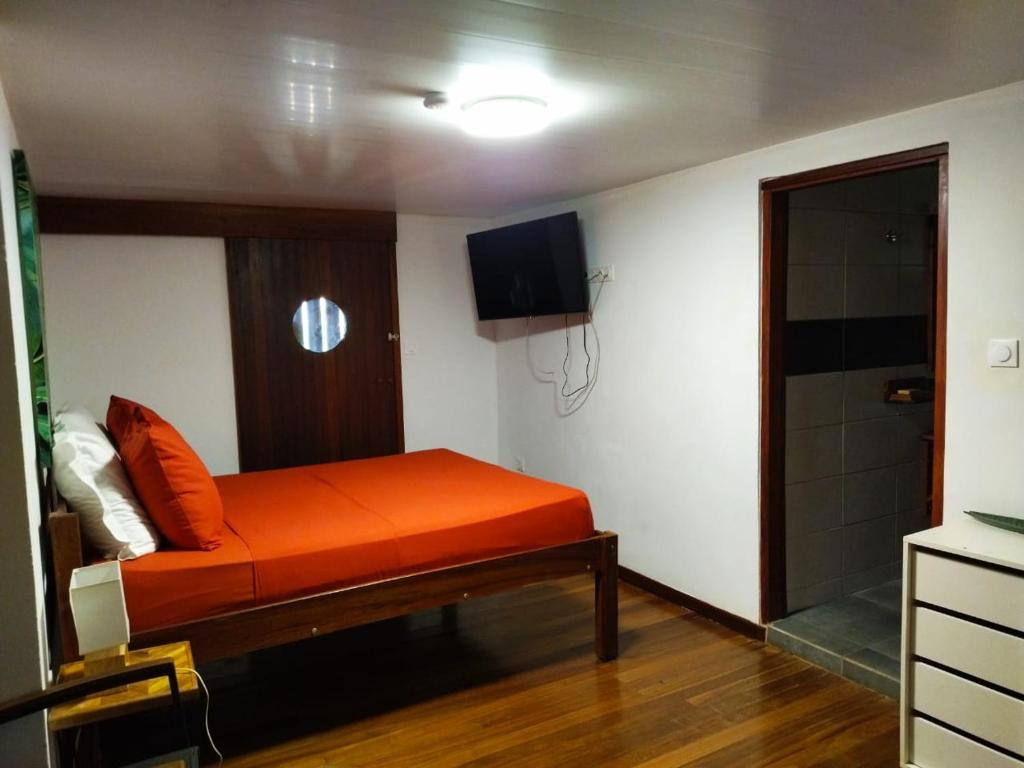 BourdaLE CHALET DOMAINE DU ROCHER的配有电视的客房内的橙色床
