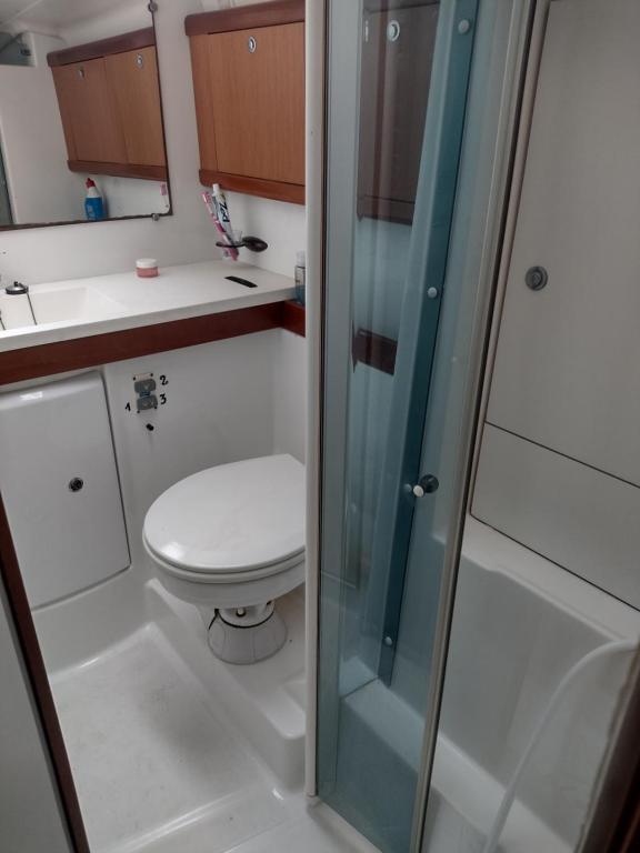 马尔扎梅米Private room on Sailing Yacht 'Victoire'的一间带卫生间和玻璃淋浴间的浴室