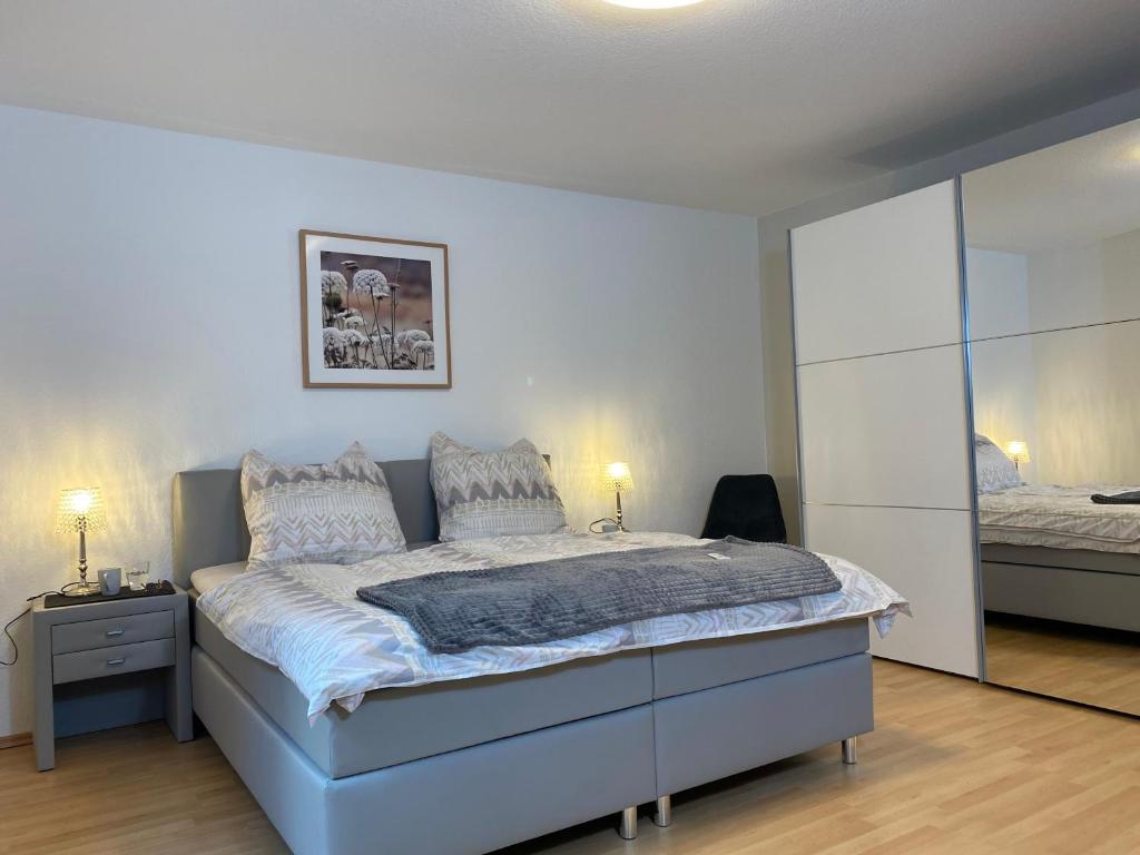 兰河畔马尔堡Apartment Lahnblick的一间卧室配有一张大床和镜子