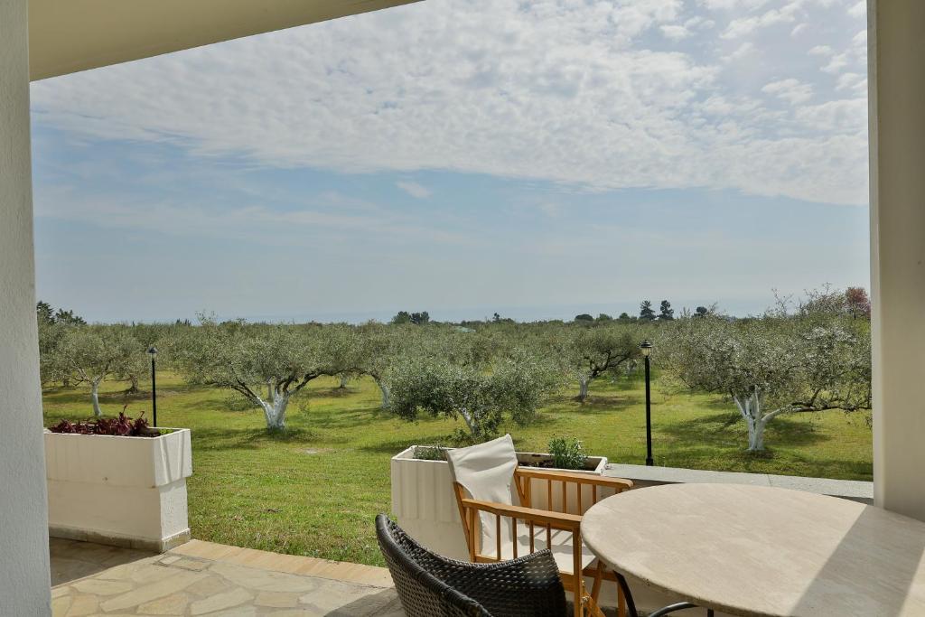 乐托卡亚ZeusPlace Olympus Olive Country House 4的庭院配有桌椅,享有田野美景。