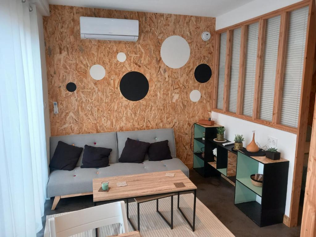 雅莱地区圣梅达尔Location Studio indépendant avec terrasse ,les vignes d'élian的客厅配有沙发和桌子