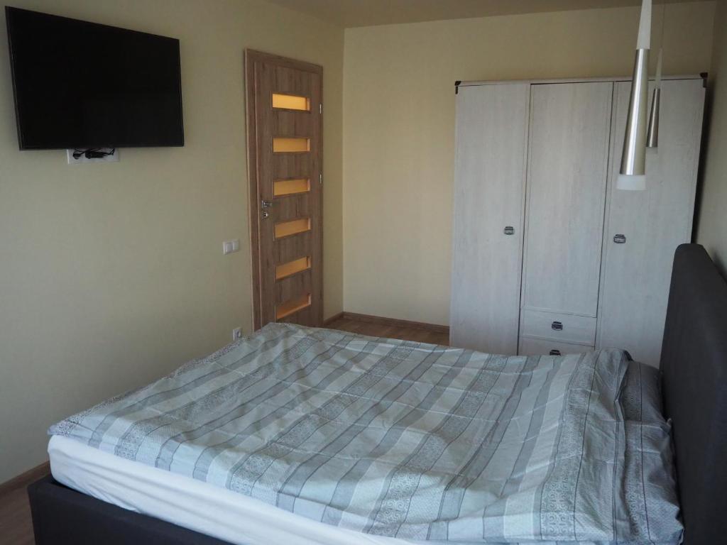 帕内韦日斯B&K apartments的一间卧室配有一张床和一台平面电视