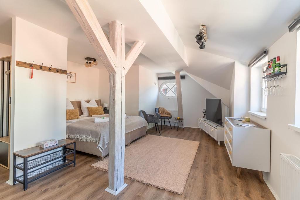 梅森Daniels Apartment an der Schloßbrücke的一间卧室配有一张床,并在一间客房内配有电视。