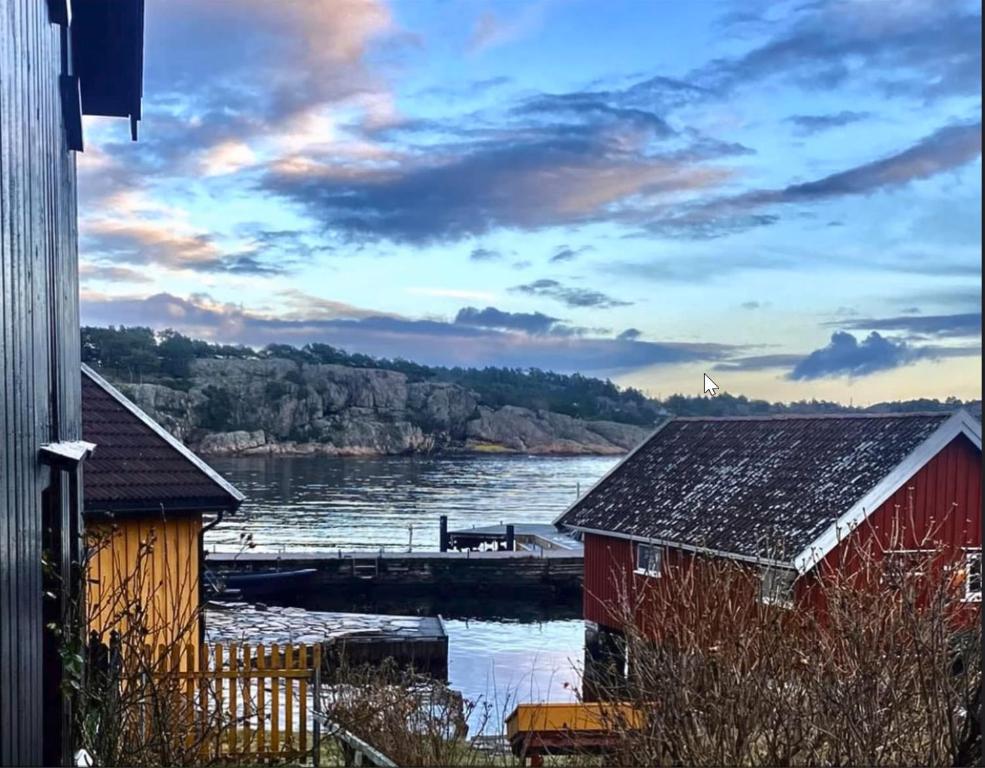 克里斯蒂安桑Lunvig - a cosy cottage in idyllic small island near Kristiansand, Søgne的享有河流与红楼和拱门的景色