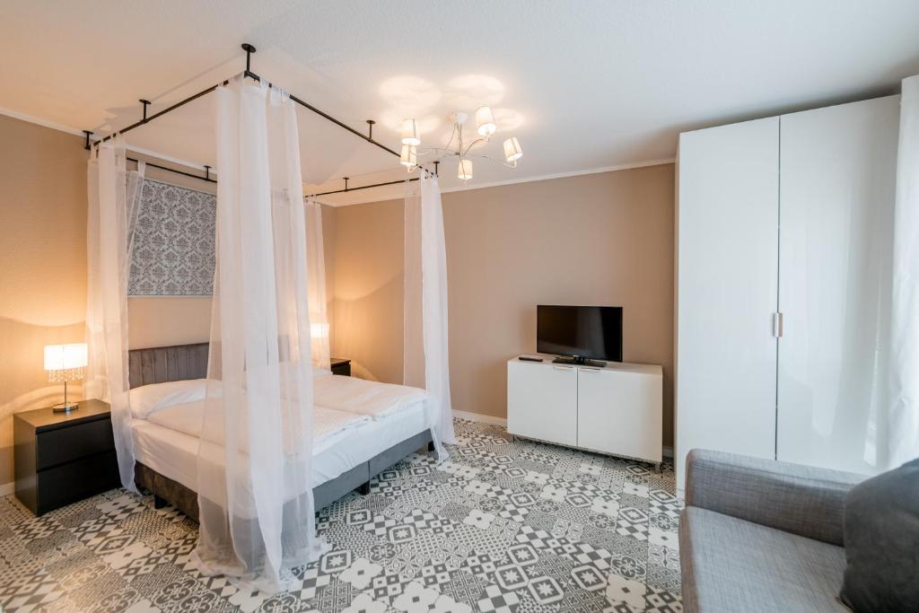 波恩Aparthotel Alma Bonn的一间卧室设有一张天蓬床和一台电视机。