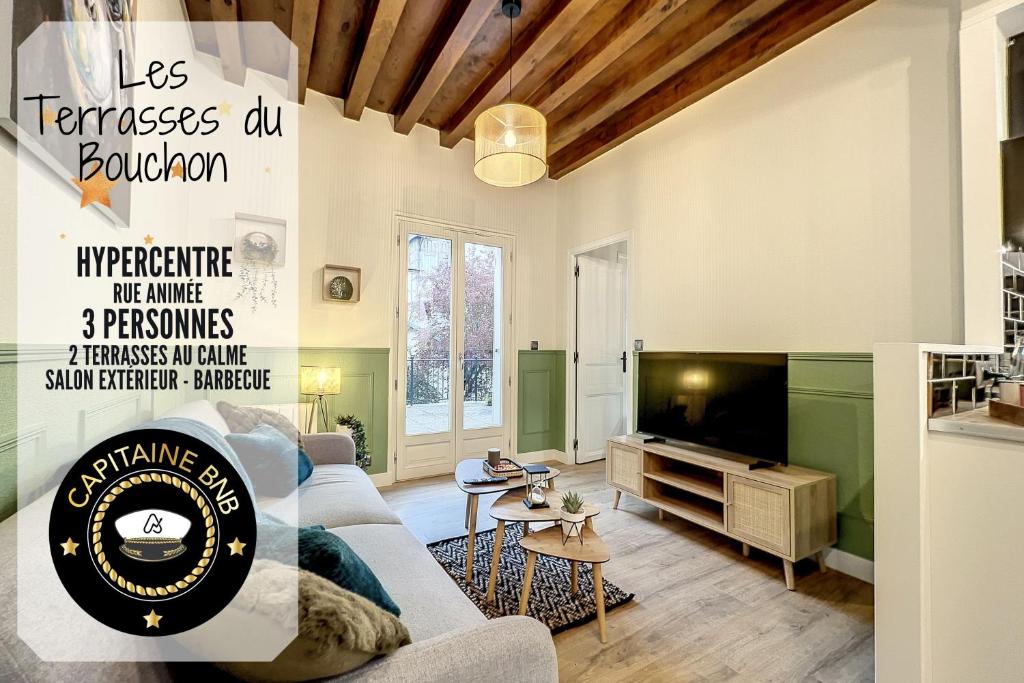 特鲁瓦Les Terrasses du Bouchon的带沙发和电视的客厅