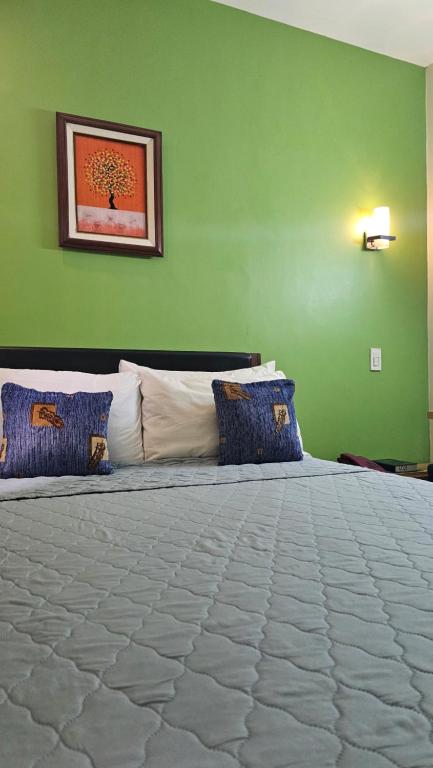 Marikina20 Studio Hotel的绿色卧室配有一张带蓝色枕头的大床