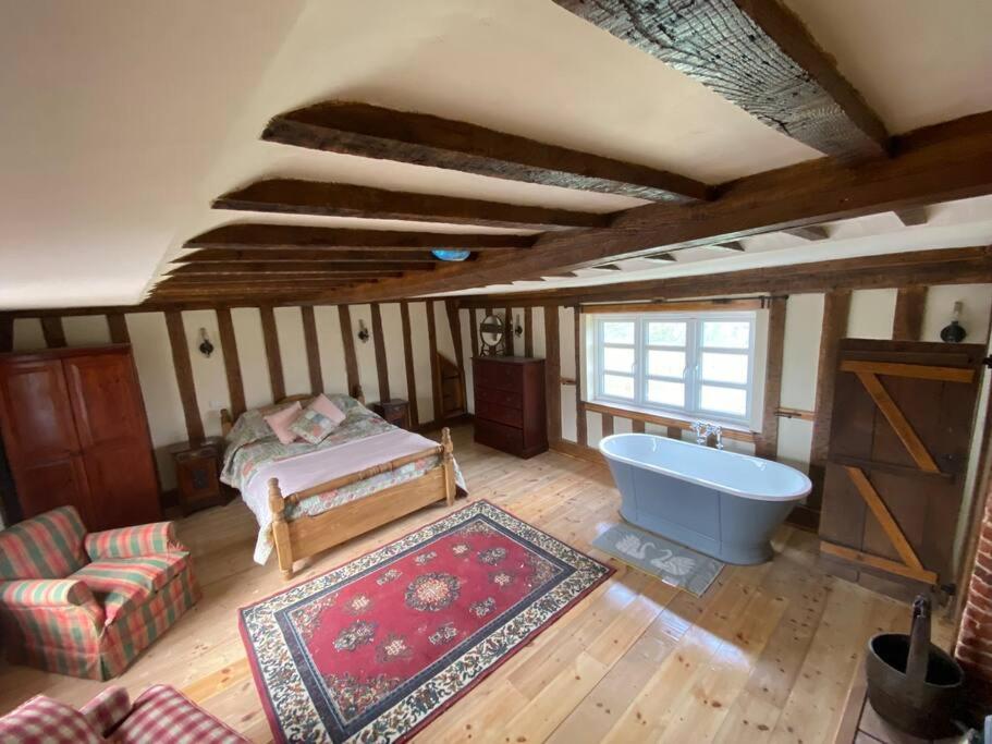 东迪勒姆A newly renovated, cosy escape in the beautiful Shepherd's Cottage的带浴缸、床和地毯的客房