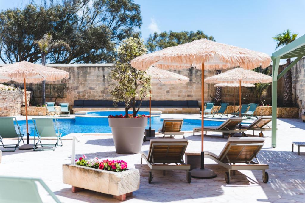 阿尔卜Ogygia Suites Gozo的一个带椅子和遮阳伞的庭院和一个游泳池