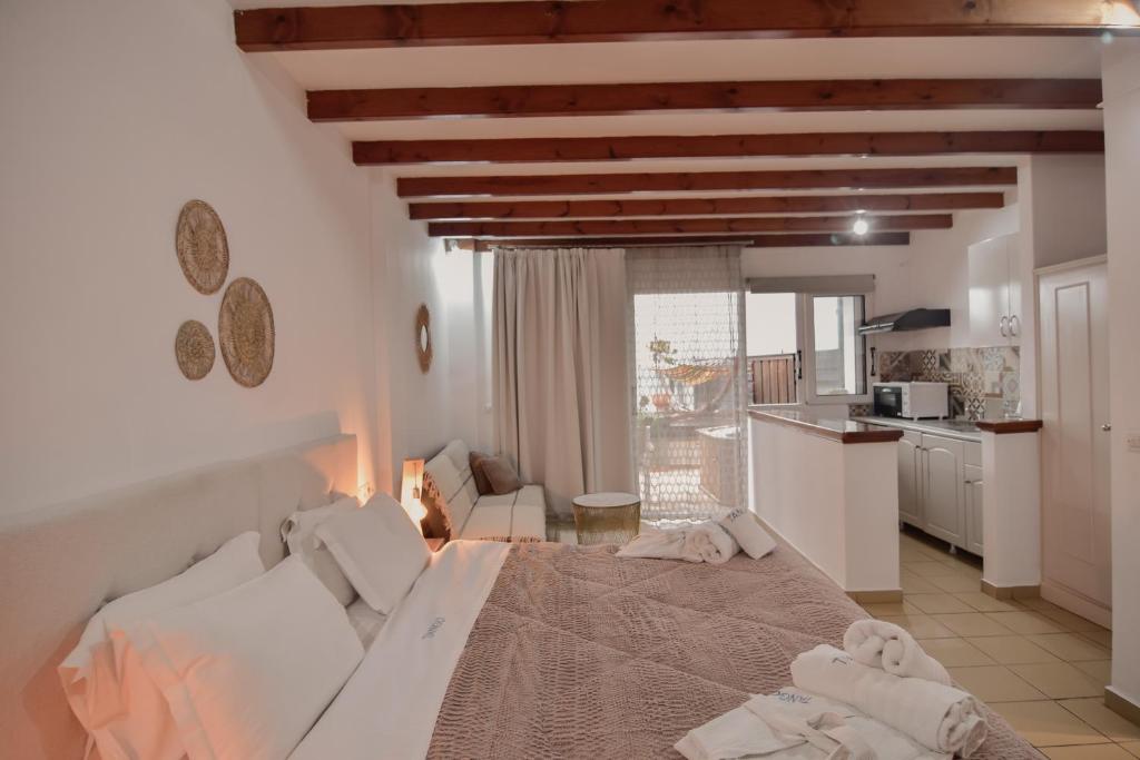 帕莱欧卡斯提撒探戈一室公寓式酒店的一间带大床的卧室和一间厨房