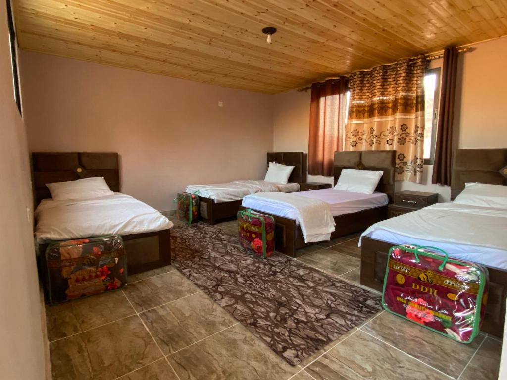 瓦迪拉姆Bedouin picnic camp的酒店客房设有三张床和窗户。