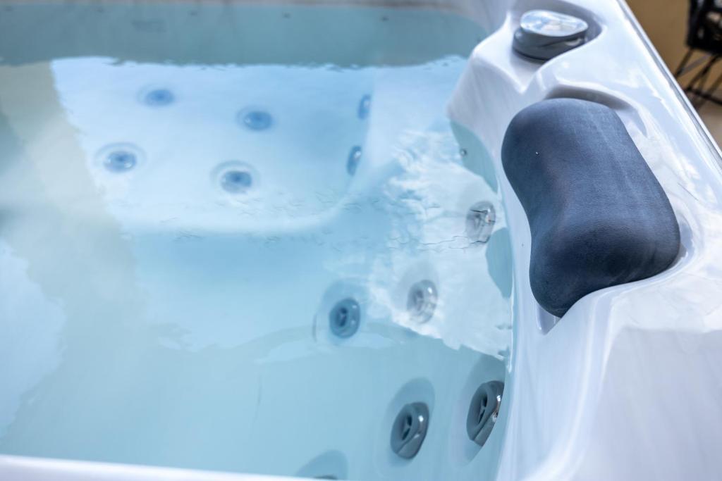 SelíniaVotsalakia Hotel & Luxury Apartments的浴缸里装满了黑色的桨水
