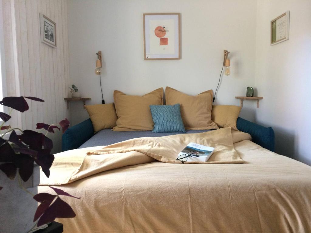 拉罗谢尔Nuitée Naturopathique的一张带毯子的床和一本书