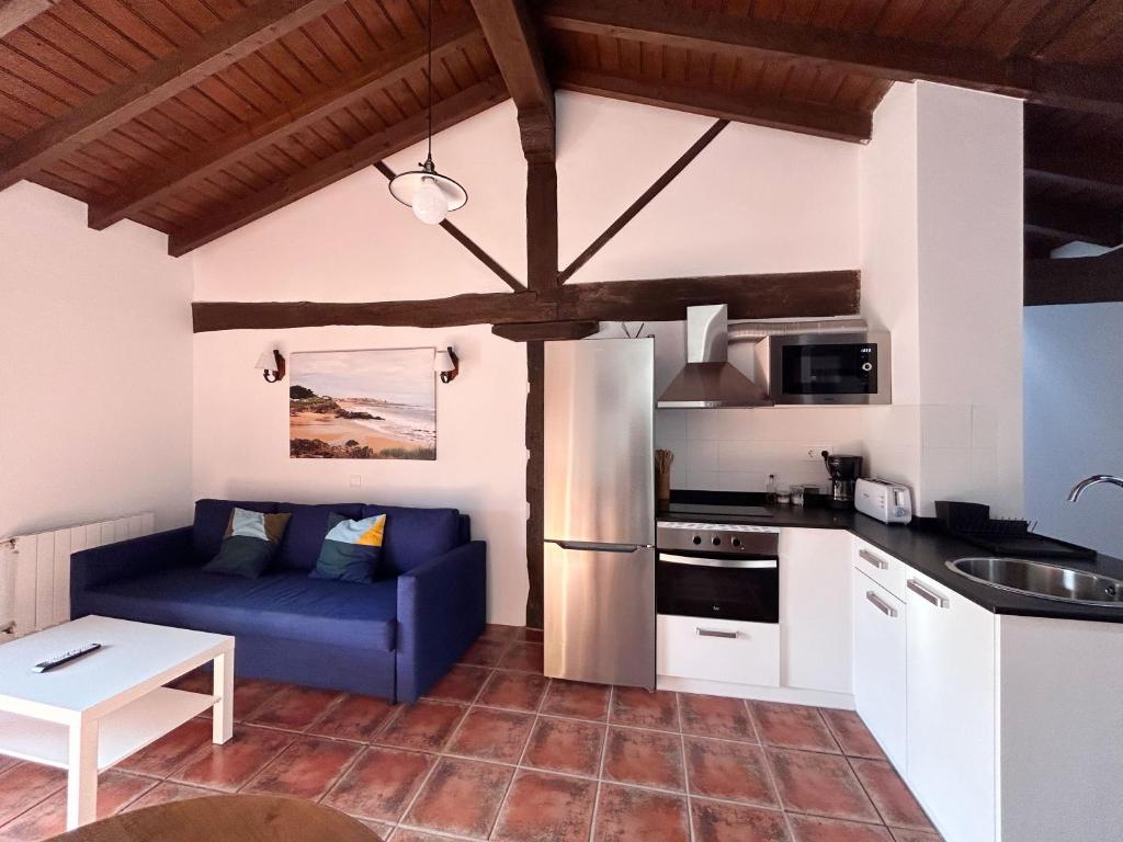 科布雷塞斯Apartamentos Camino del Norte的客厅设有蓝色沙发,厨房设有