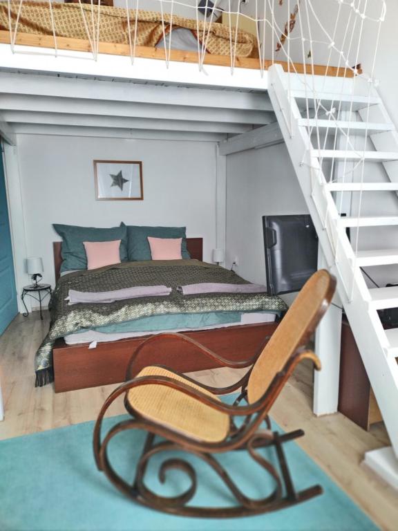 布达佩斯Old Buda Family Home的一间卧室配有一张床、梯子和椅子