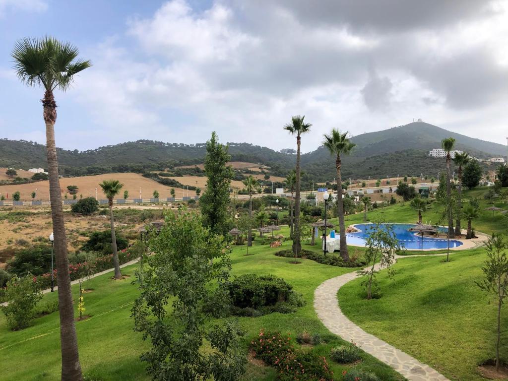 米迪克Lilacs Garden Cabo的享有带游泳池和棕榈树的度假村的景致