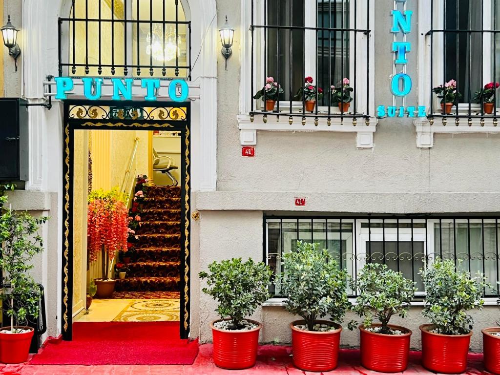 伊斯坦布尔Punto Suite的红地毯和植物的酒店入口