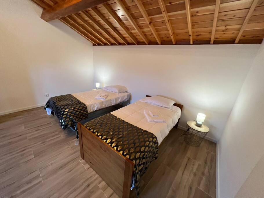 AgualvaCasa do Avô Fernando的客房设有两张床和木制天花板。
