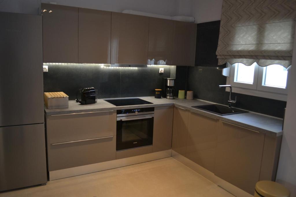 塞萨洛尼基Kalamaria brand new 1 bedroom apartment的厨房配有棕色橱柜、炉灶和水槽
