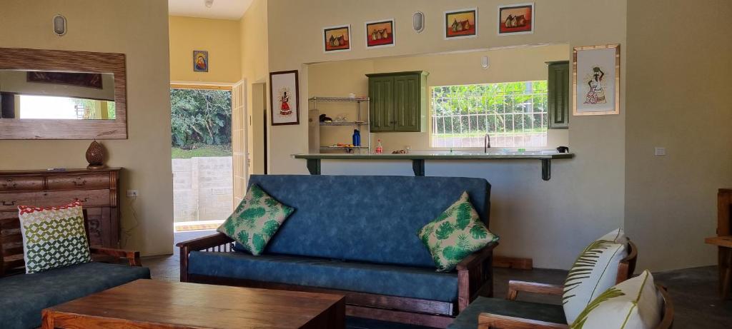 BlanchisseuseEasy Breezy的客厅配有蓝色的沙发和桌子