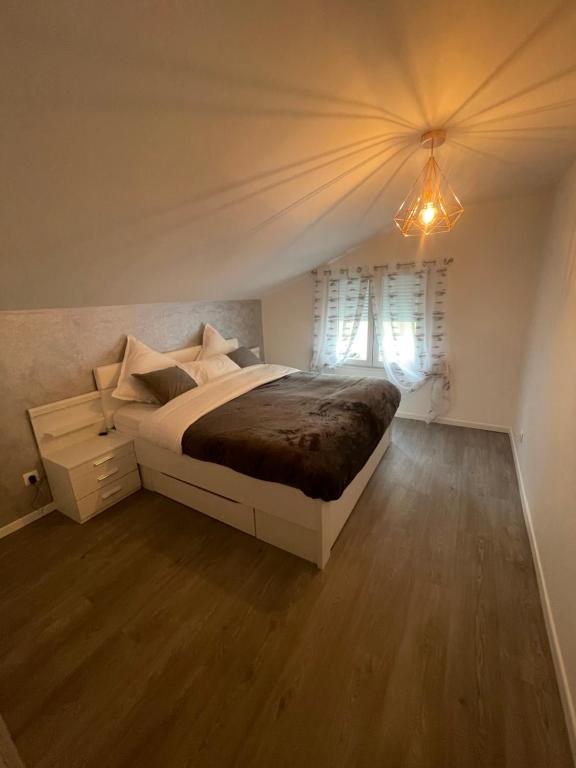 斯特拉斯堡Maisonnette avec terrasse的一间卧室设有一张大床和一个窗户。