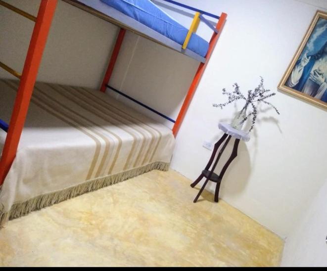 亚美尼亚Hospedaje Hermanos Cardona的卧室配有一张双层床,墙上挂着植物