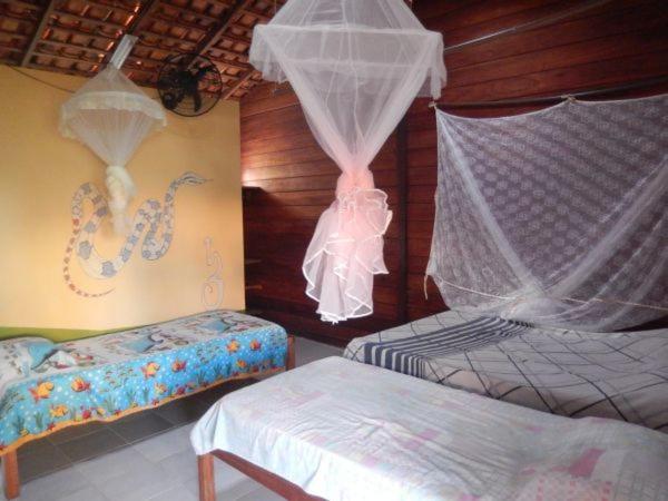 Joanes蒲萨达杜瑞尼玛尔酒店的卧室配有两张床,墙上挂有蚊帐。