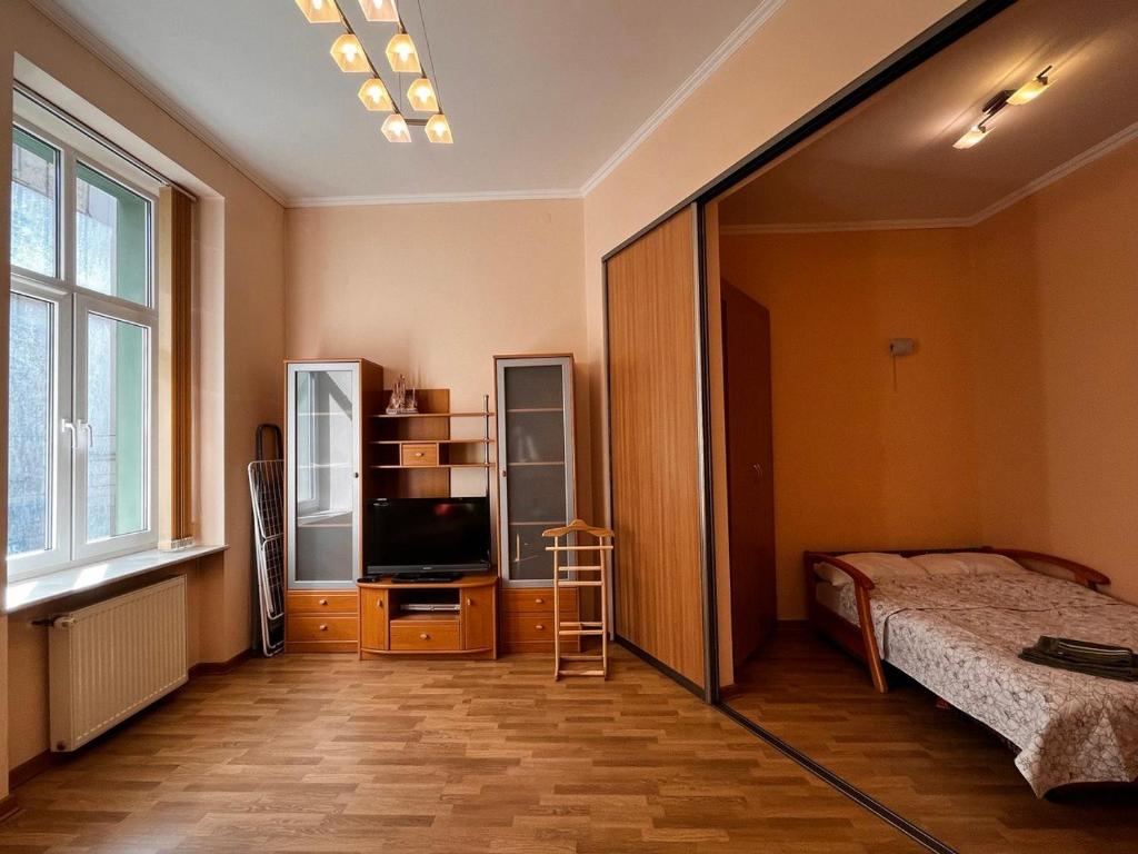 利沃夫Apartaments near Ploshcha Rynok的一间卧室配有一张床和一台平面电视