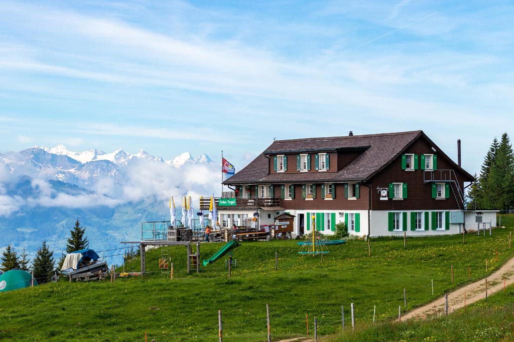 盖尔绍Rigi-Burggeist Alpine Guesthouse的山丘上以山为背景的房子