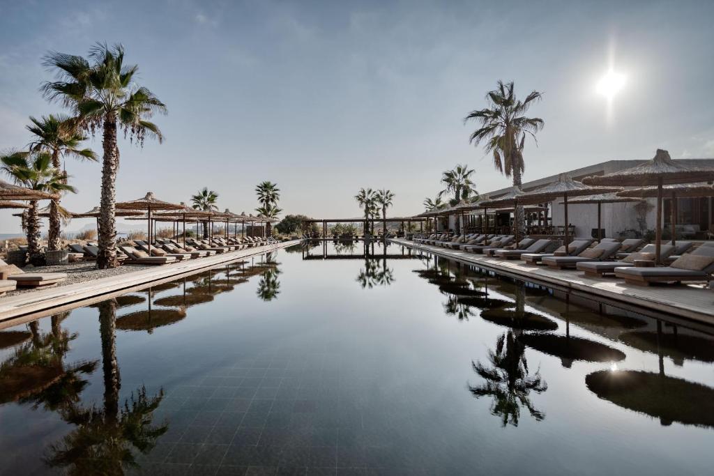 加藤-达拉特索Domes Zeen Chania, a Luxury Collection Resort, Crete的一个带椅子和棕榈树的度假村游泳池
