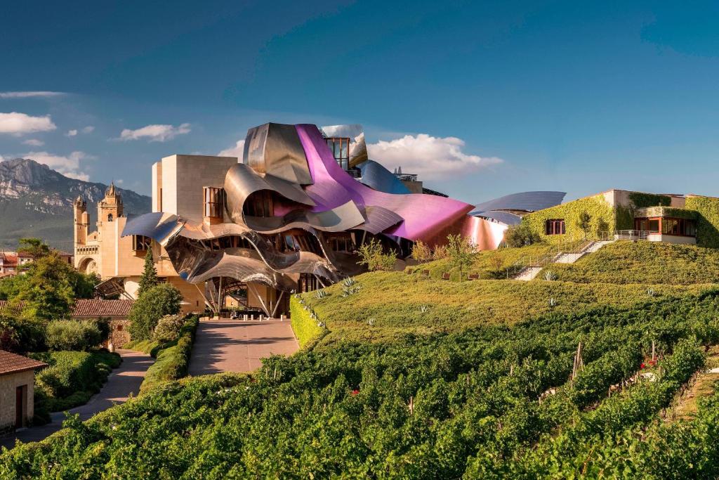 埃尔希耶戈Hotel Marqués de Riscal, a Luxury Collection Hotel, Elciego的山顶上的建筑物