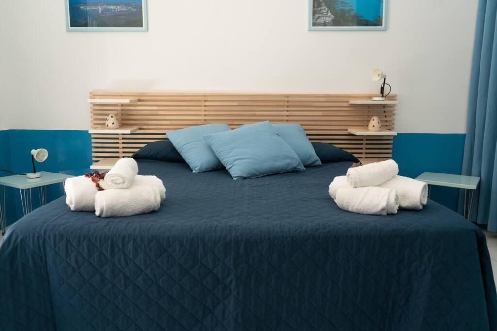 法维尼亚纳Gioiello a due passi dal CENTRO的一张蓝色的大床,上面有毛巾