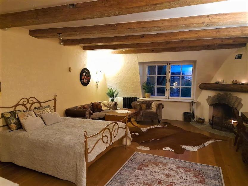 塔林Cozy Old Town Historic House的一间卧室设有一张床,客厅设有壁炉。
