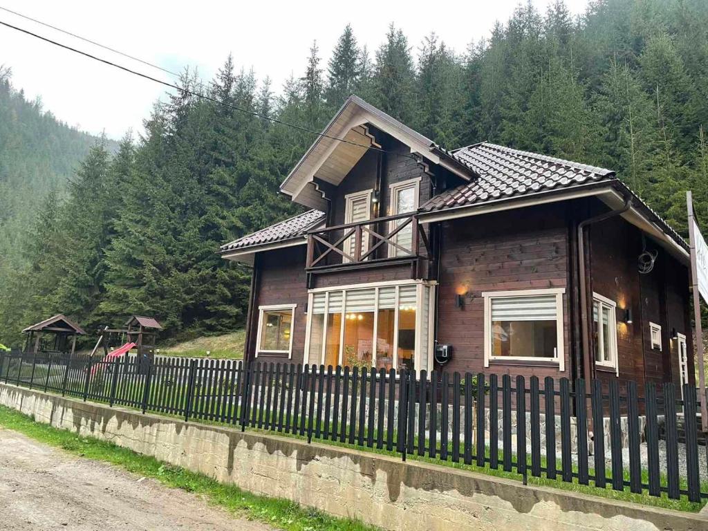 KrasnyySweet Home的一座带黑色围栏的小木房子