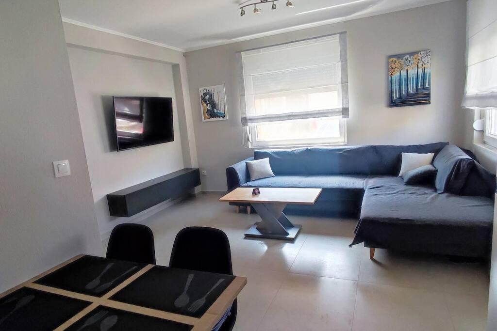 卡利维亚波里吉鲁A & F Apartments - Ari's house的客厅配有蓝色的沙发和桌子