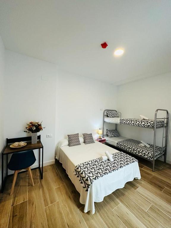 韦尔瓦HOSTEL COSTA-LUZ Béjar的卧室配有1张床、1张桌子和1把椅子