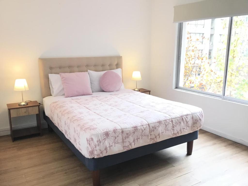 圣地亚哥Gran Departamento de tres dormitorios a pasos del metro la Moneda的一间卧室配有带粉红色枕头的床和窗户。