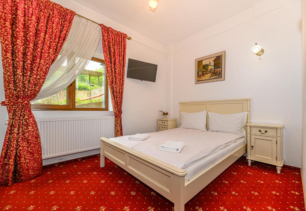 布拉索夫Panoramic Center Rooms的一间卧室设有一张床和一个窗口