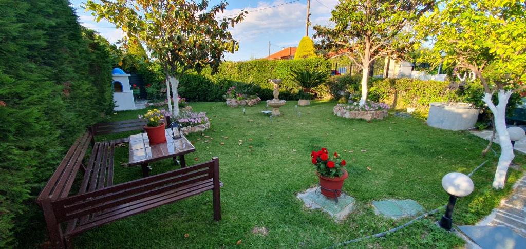 奥罗波斯TSAGGA HOUSE的庭院里种有长凳和鲜花的花园