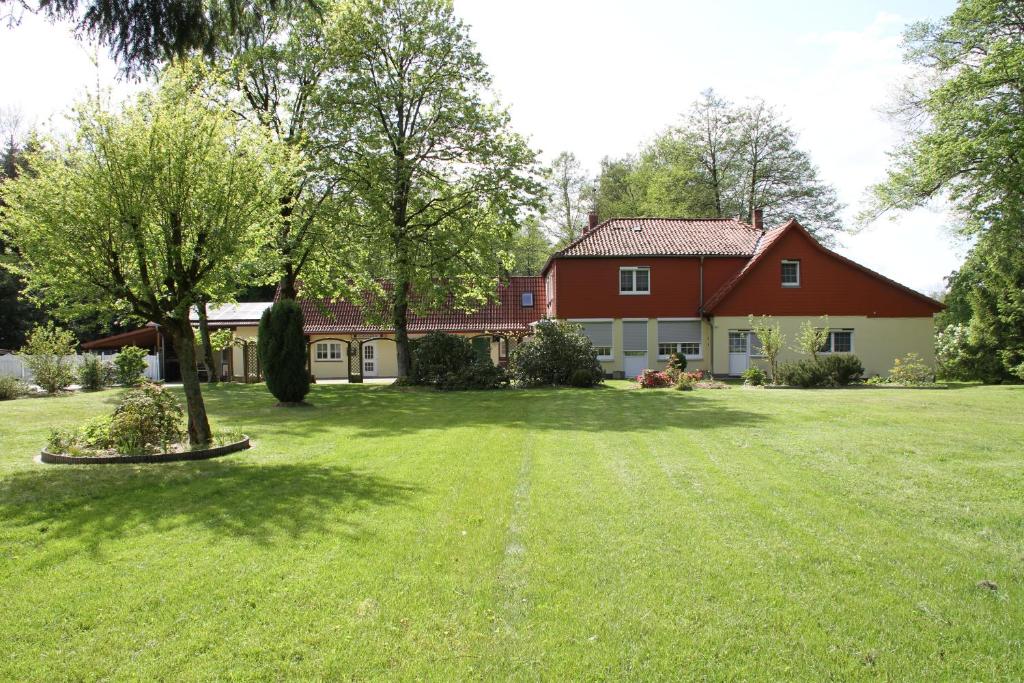 索尔陶Gästehaus Heidehof的一座有绿树的庭院