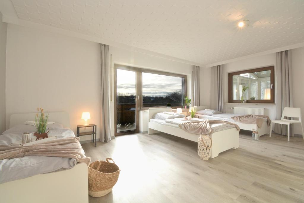 佩格尼茨河畔劳夫NUE10-FW Apartment in Lauf a.d. Pegnitz的一间卧室设有两张床和大窗户