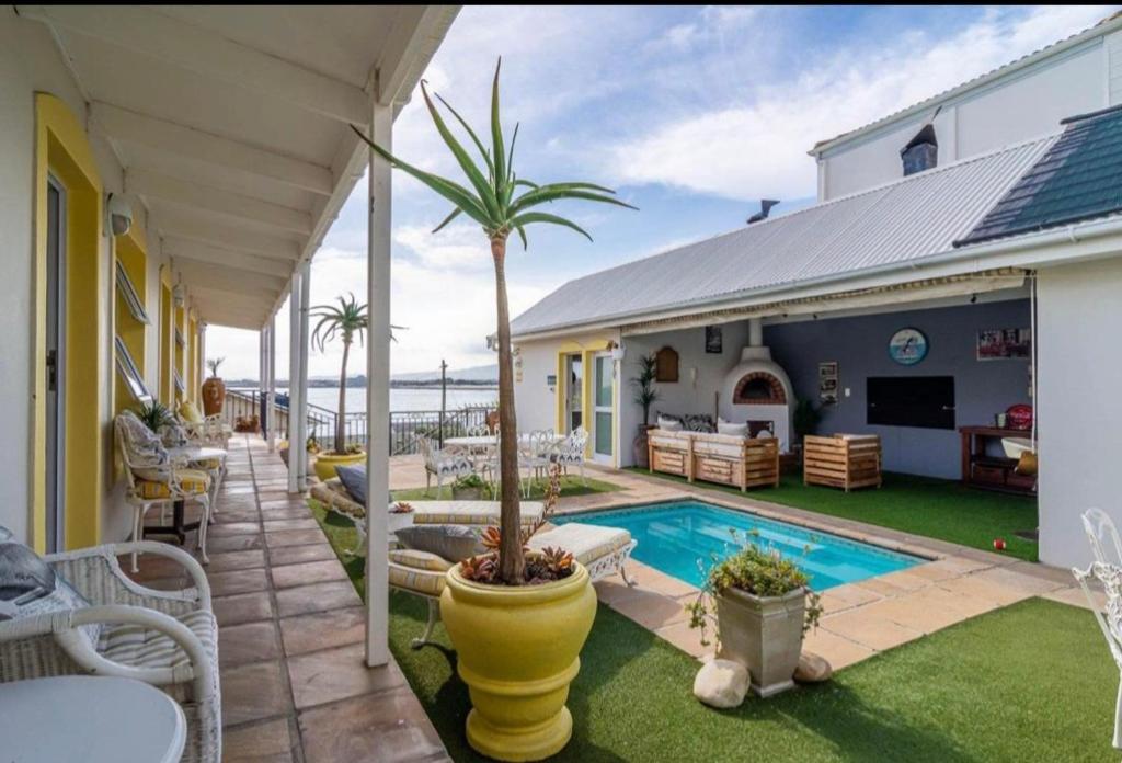 戈登湾Gordon's Beach Lodge的院子中带游泳池和棕榈树的房子