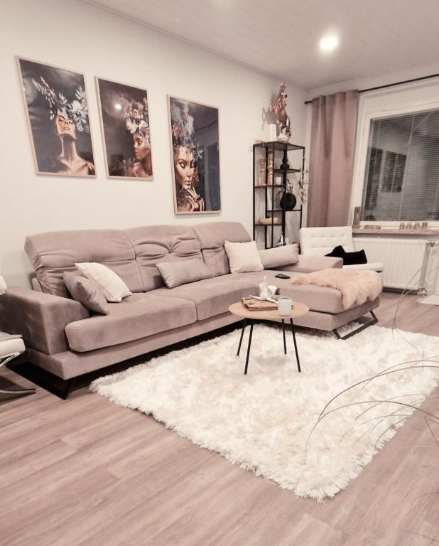 萨翁林纳Huoneisto Olavinlinnan lähellä的客厅配有沙发和桌子