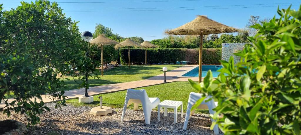 阿尔戈什Quinta dos I's - Algarve的一个带椅子和遮阳伞的庭院和一个游泳池