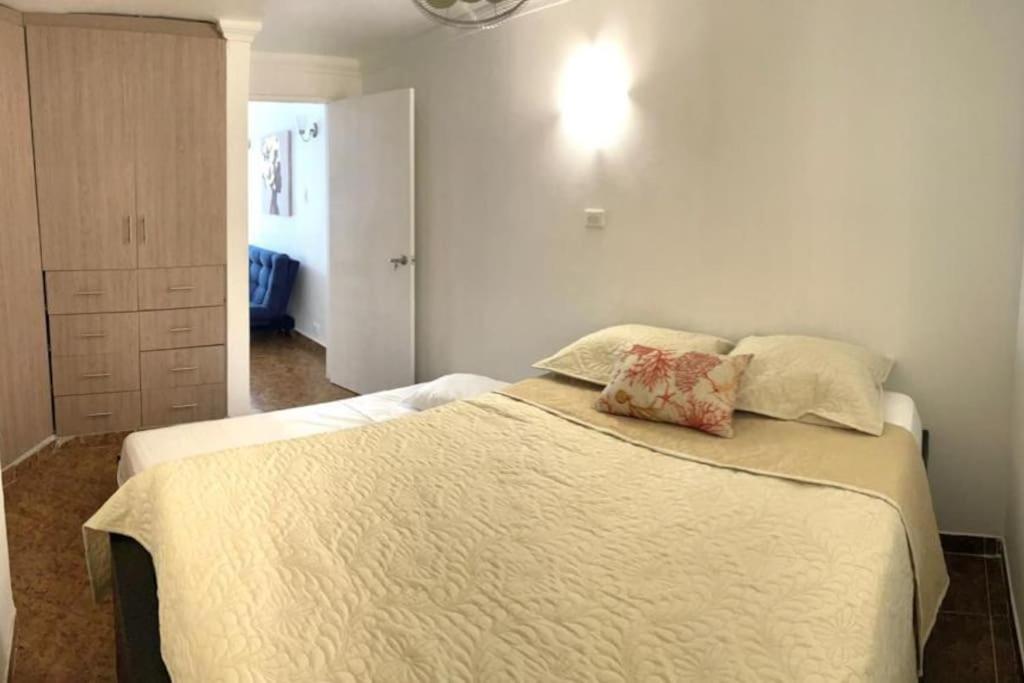 卡塔赫纳Cómodo apto zona histórica Cgena的一间卧室配有一张大床和两个枕头