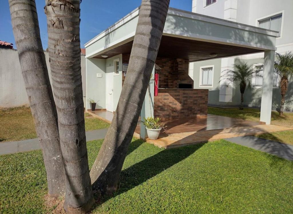 蓬塔格罗萨Apartamento novo wi-fi + TV的院子里两棵棕榈树的房子