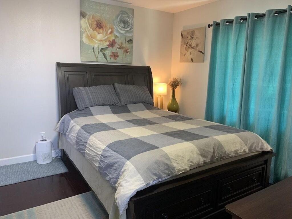 圣布鲁诺SFO New Comfortable Studio的一间卧室配有一张带蓝色窗帘的大床