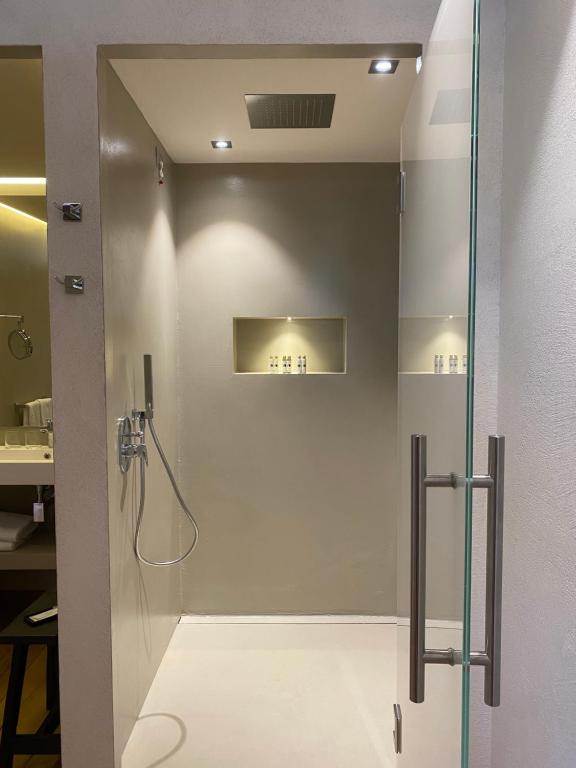 利莫内-苏尔加达Residence Dalco Suites & Apartments的浴室里设有玻璃门淋浴